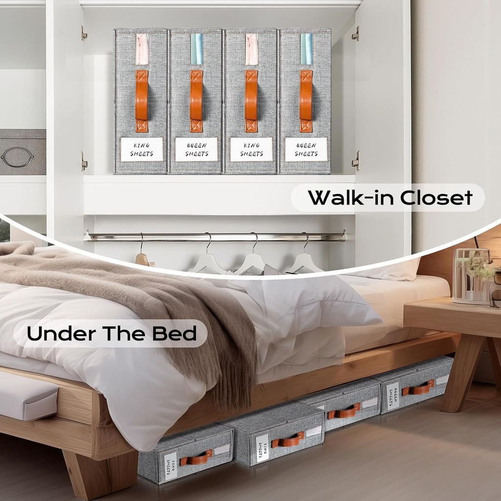 4 Pack Bed Sheet Organizer, Foldable Linen Closet Organizers and Storage (Queen & King Size) with Window & Label, Bedding Storage Box for Bedsheets, Duvet Covers and Pillow, Grey