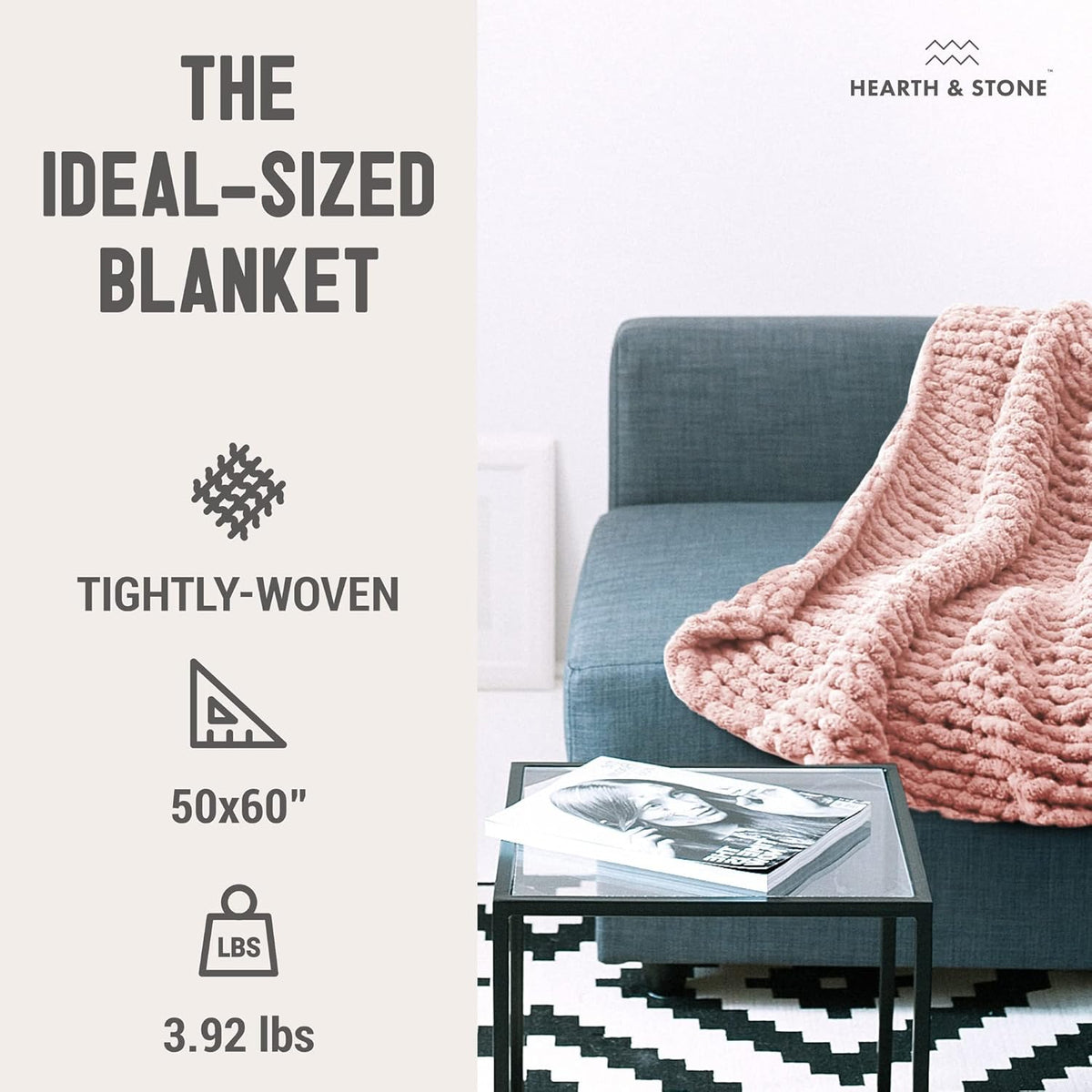 Chunky Knit Blanket Throw - 50"X60" 3.7 Lbs.- Soft Chenille Yarn Knitted Blanket -Machine Washable Crochet Blanket - Handmade Cable Knit Throw Blanket for Couch, Bed (Blush Pink)