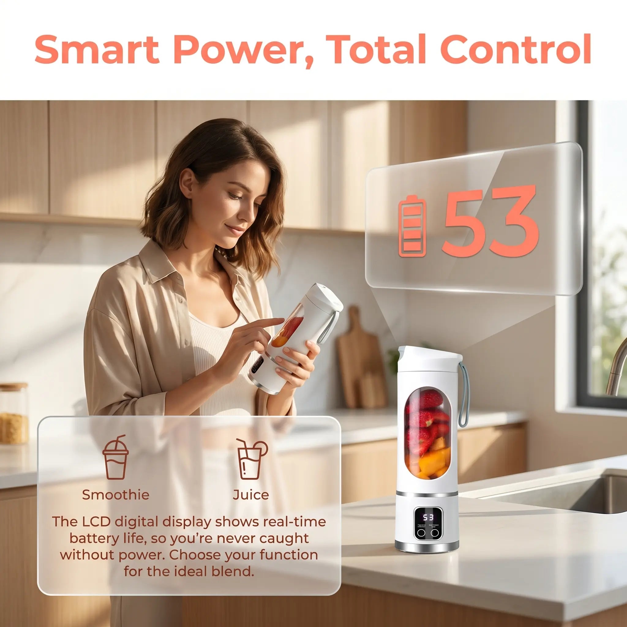 【Summer Sale Deals】 Portable 15.22 Oz USB Rechargeable Personal Blender with LED Display, Durable Abs Material, Perfect for Smoothies & Juices, Home Kitchen Essential