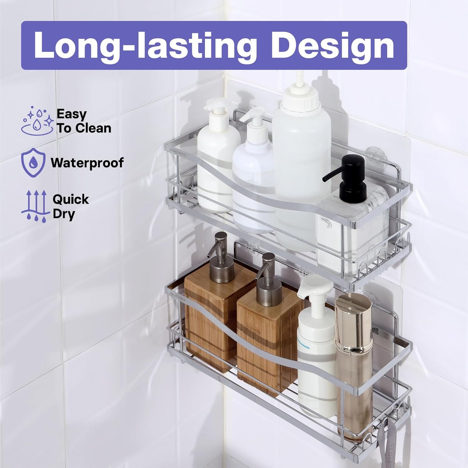 Iron Shower Caddies - Self Adhesive Bathroom Shelves for Showers - Wall Organizer Shampoo Holder Shelf - Peel and Stick on Caddy Bath Tub Rack - Pack of 2 Holders - Silver
