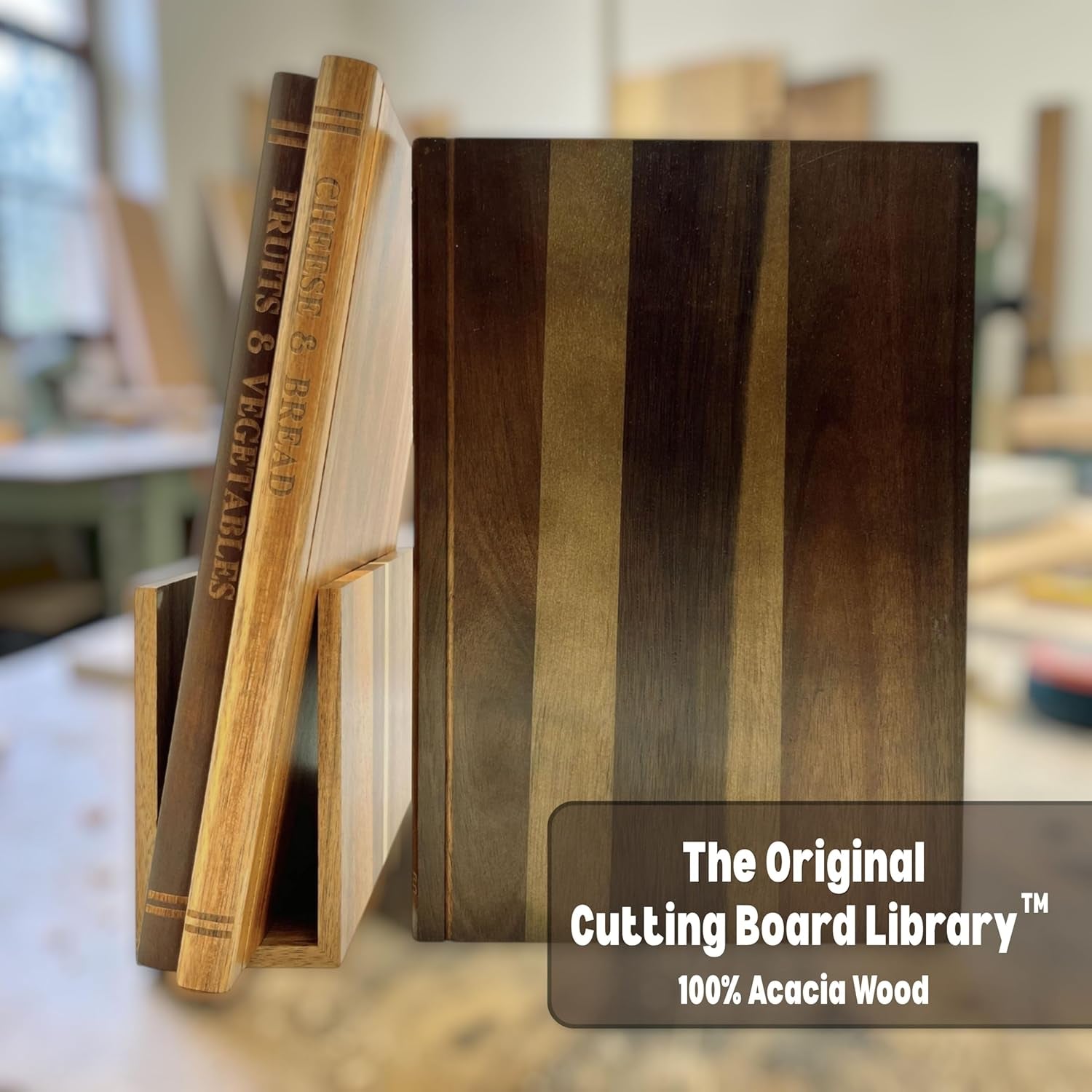 The Cutting Board Library™ (Original Design) | Decorative Kitchen Board Collection Bundle with Display Stand | Premium Acacia Wood | Stabilized Non-Slip Base