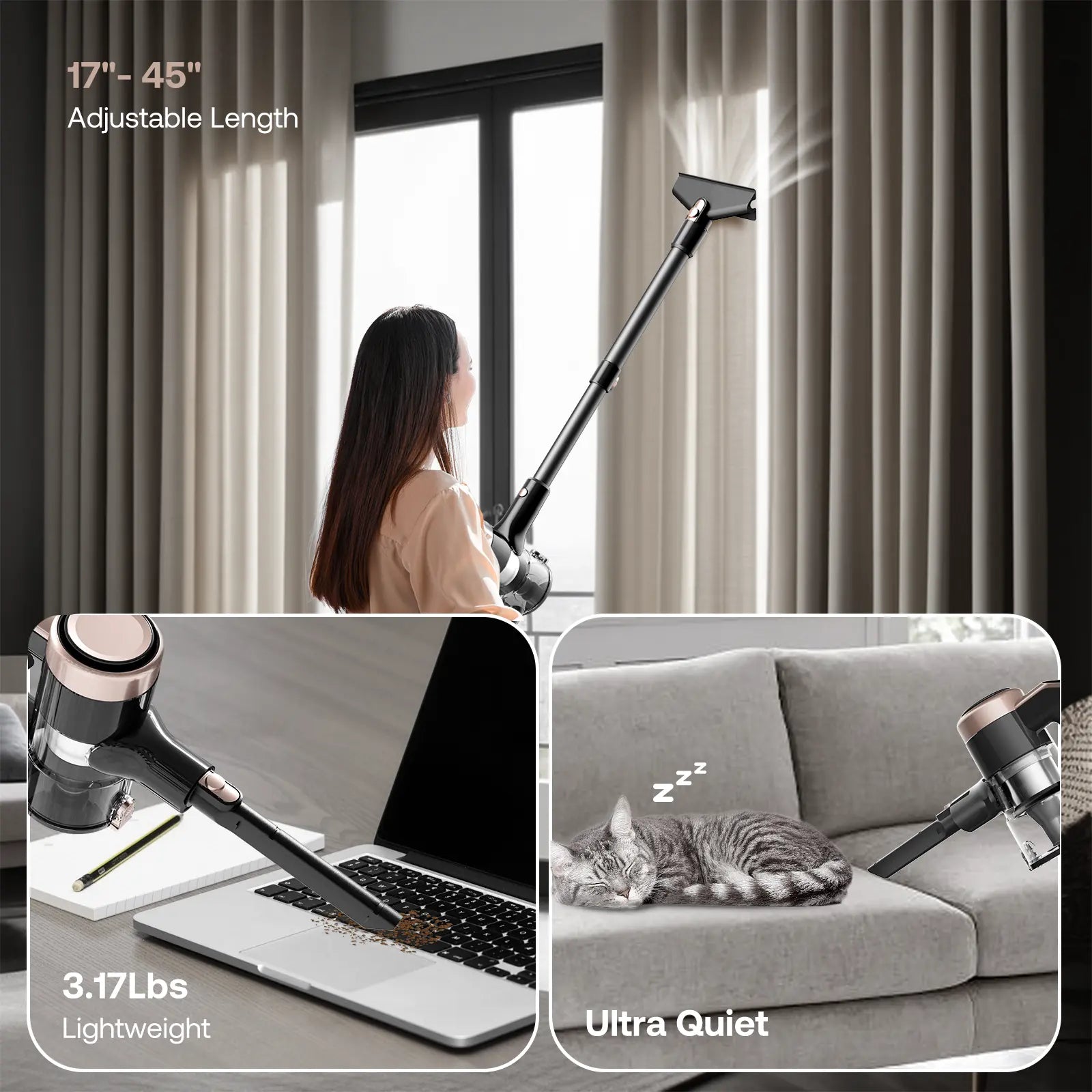 Homeika Cordless Vacuum Cleaner-H318, 300W 23Kpa Lightweight Stick Vacuum with 48Mins Runtime Battery, 3 Suction, LED Display, Powerful Vacuum Cleaner with Sofa Brush for Hard Floor/Carpet/Pet Hair/Car