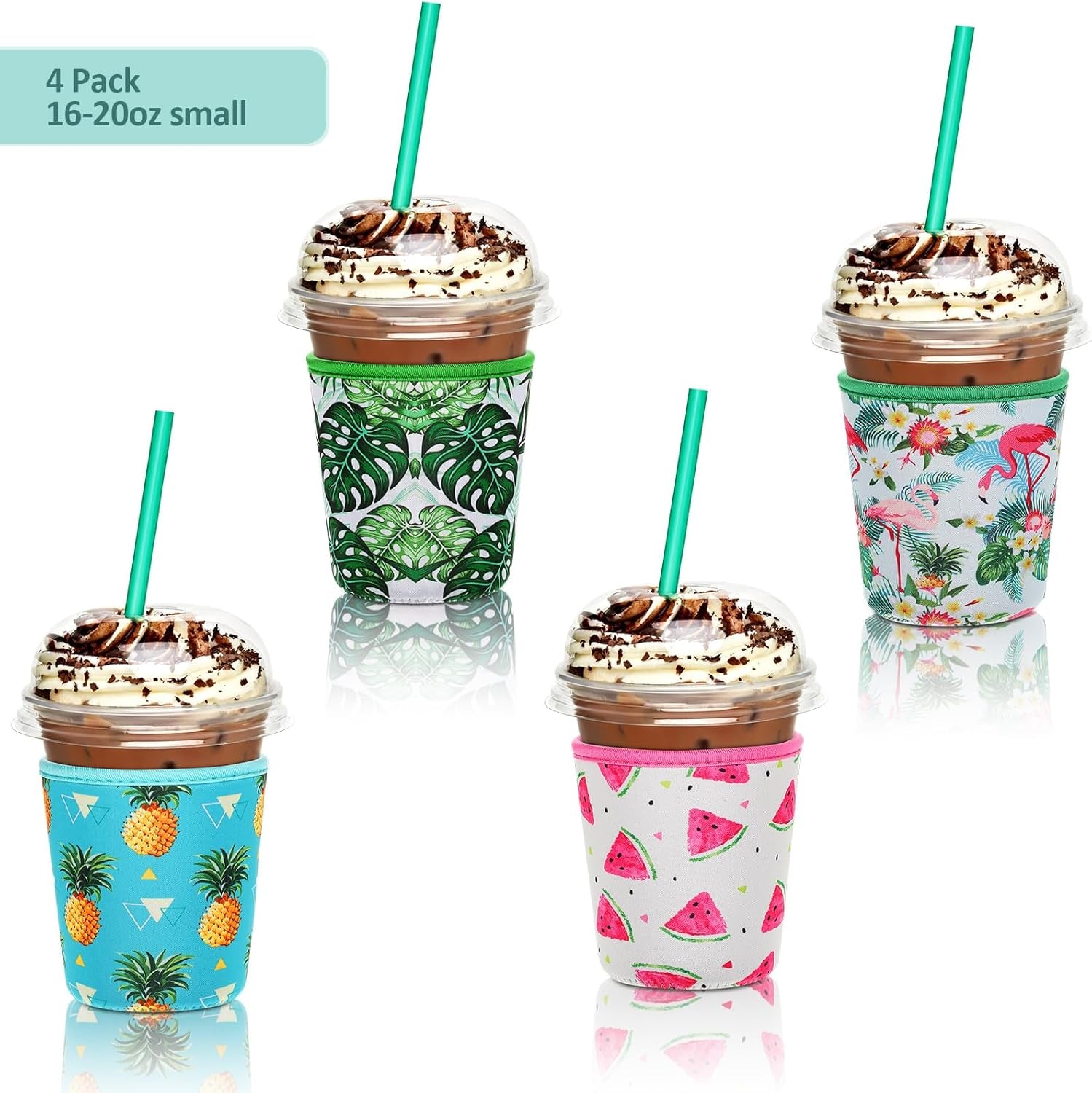 4 Pieces Reusable Iced Coffee Sleeve Cup Insulator for Cold Drinks Beverages and Holder for Most Coffee(16-20 Oz Small,Fruit Style)