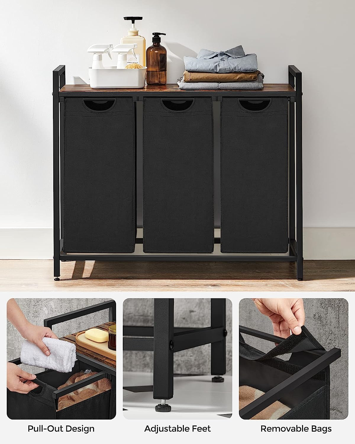 VASAGLE Laundry Hamper, Laundry Basket, Laundry Sorter with 3 Pull-Out and Removable Bags, Shelf, Metal Frame, 3 X 10.6 Gallons (40 L), 36.4 X 13 X 28.4 Inches, Ink Black and Rustic Brown UBLH301B01