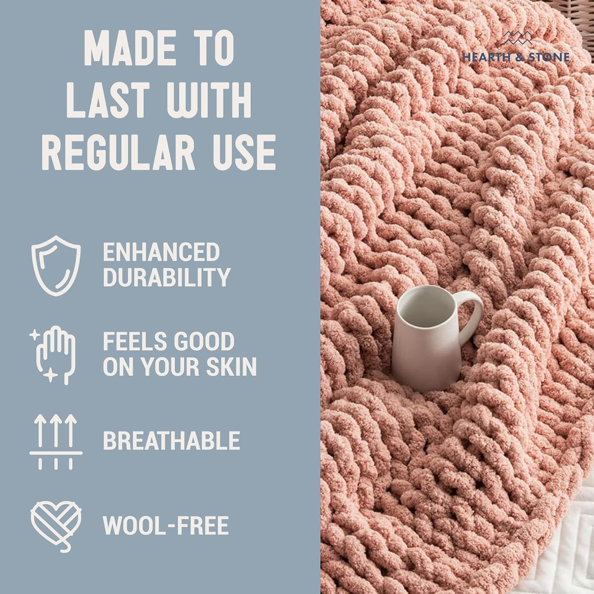 Chunky Knit Blanket Throw - 50"X60" 3.7 Lbs.- Soft Chenille Yarn Knitted Blanket -Machine Washable Crochet Blanket - Handmade Cable Knit Throw Blanket for Couch, Bed (Blush Pink)