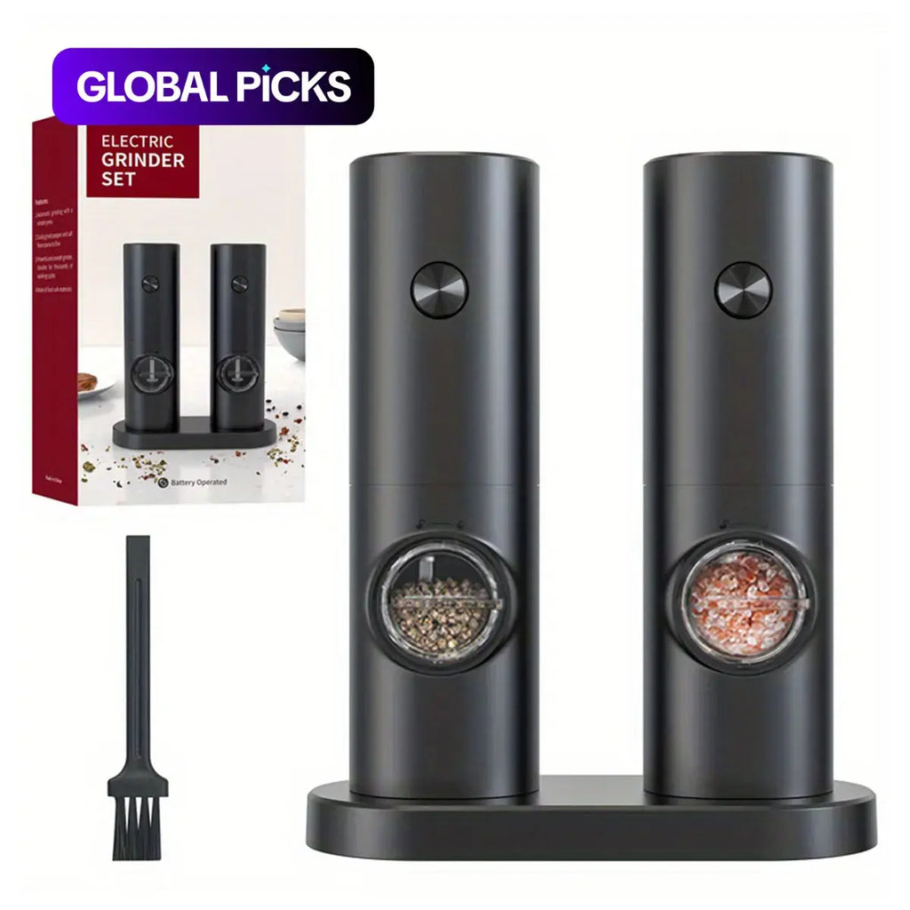 Electric Salt and Pepper Seasoning Grinder Set, 1- or 2-Count Battery-Powered Adjustable Grinder with LED Light, Base & Brush, Kitchen Gadget Gift, Kitchenware, Batteries Not Included #GLOBAL PICKS