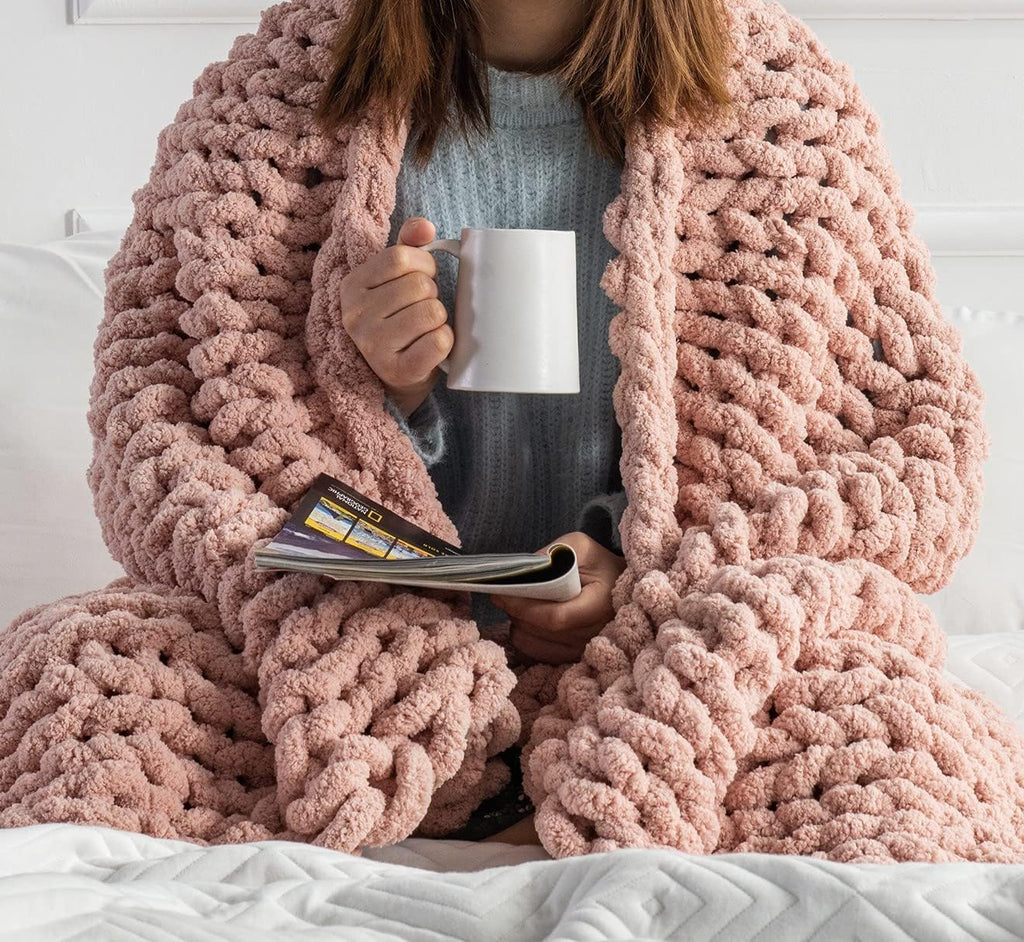 Chunky Knit Blanket Throw - 50"X60" 3.7 Lbs.- Soft Chenille Yarn Knitted Blanket -Machine Washable Crochet Blanket - Handmade Cable Knit Throw Blanket for Couch, Bed (Blush Pink)