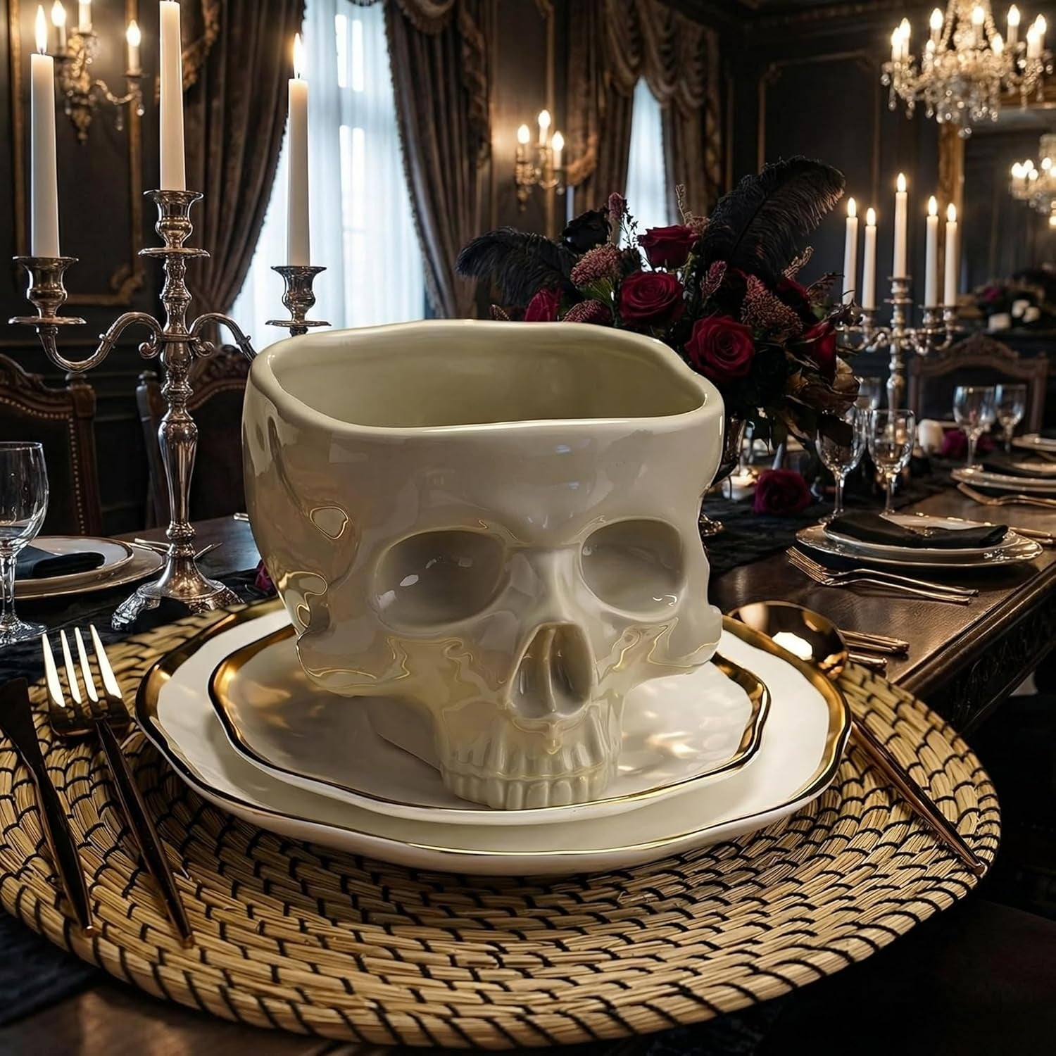 Gothic Skull Bowl – Large 17Oz/500Ml Ceramic Food-Safe Candy Bowl, Dishwasher & Microwave Safe – Halloween Decor, Unique Gothic Gift, Cereal Ice Cream Serving Bowl for Dark Aesthetic Home