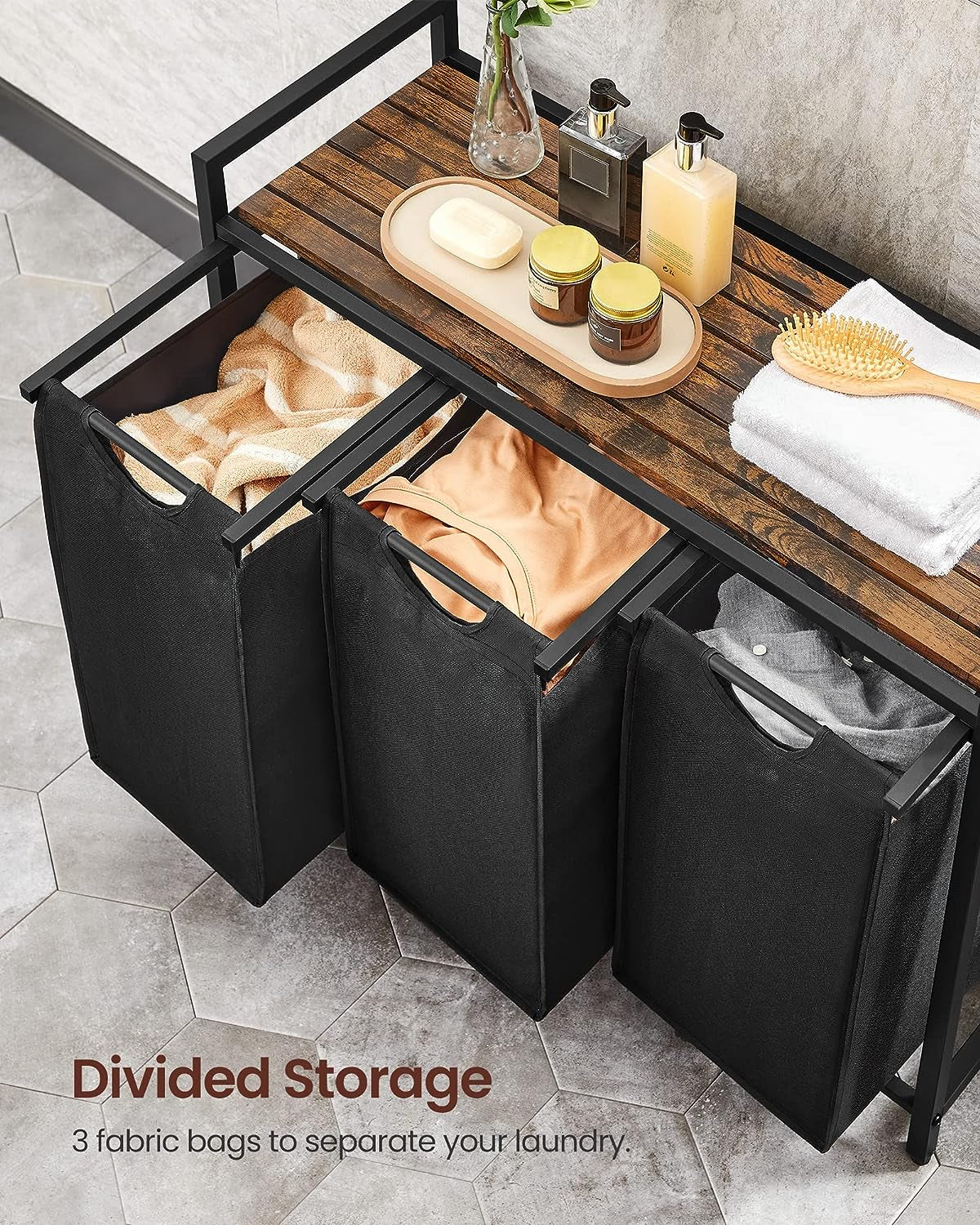 VASAGLE Laundry Hamper, Laundry Basket, Laundry Sorter with 3 Pull-Out and Removable Bags, Shelf, Metal Frame, 3 X 10.6 Gallons (40 L), 36.4 X 13 X 28.4 Inches, Ink Black and Rustic Brown UBLH301B01