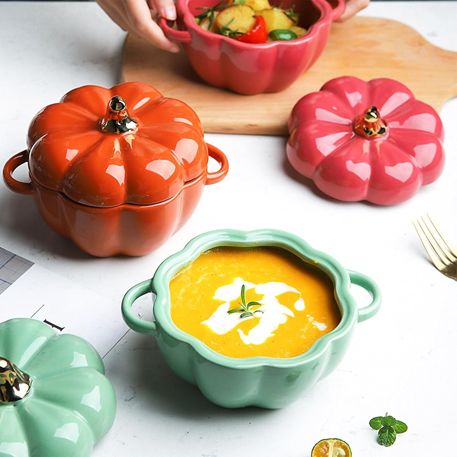 Dutch Oven Pot with Lid, Pumpkin Pottery Dessert Saucepan, Mini Baking Dish Cute Pumpkins Bowl, Covered Dutch Oven Ceramic Stockpot, Pumpkin-Shaped Casserole (Orange)