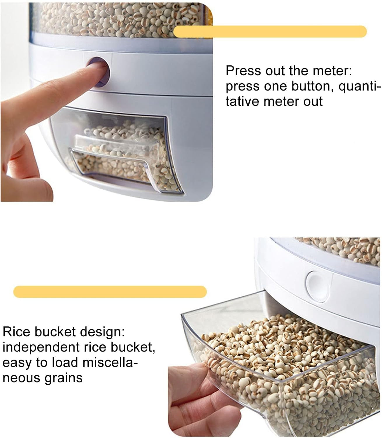 6 Grid Rice & Grain Storage Container, 360° Rotating Dry Food Dispenser Grain Food Storage Box Rice Bucket with Lid Household for Home Kitchen (5Kg)