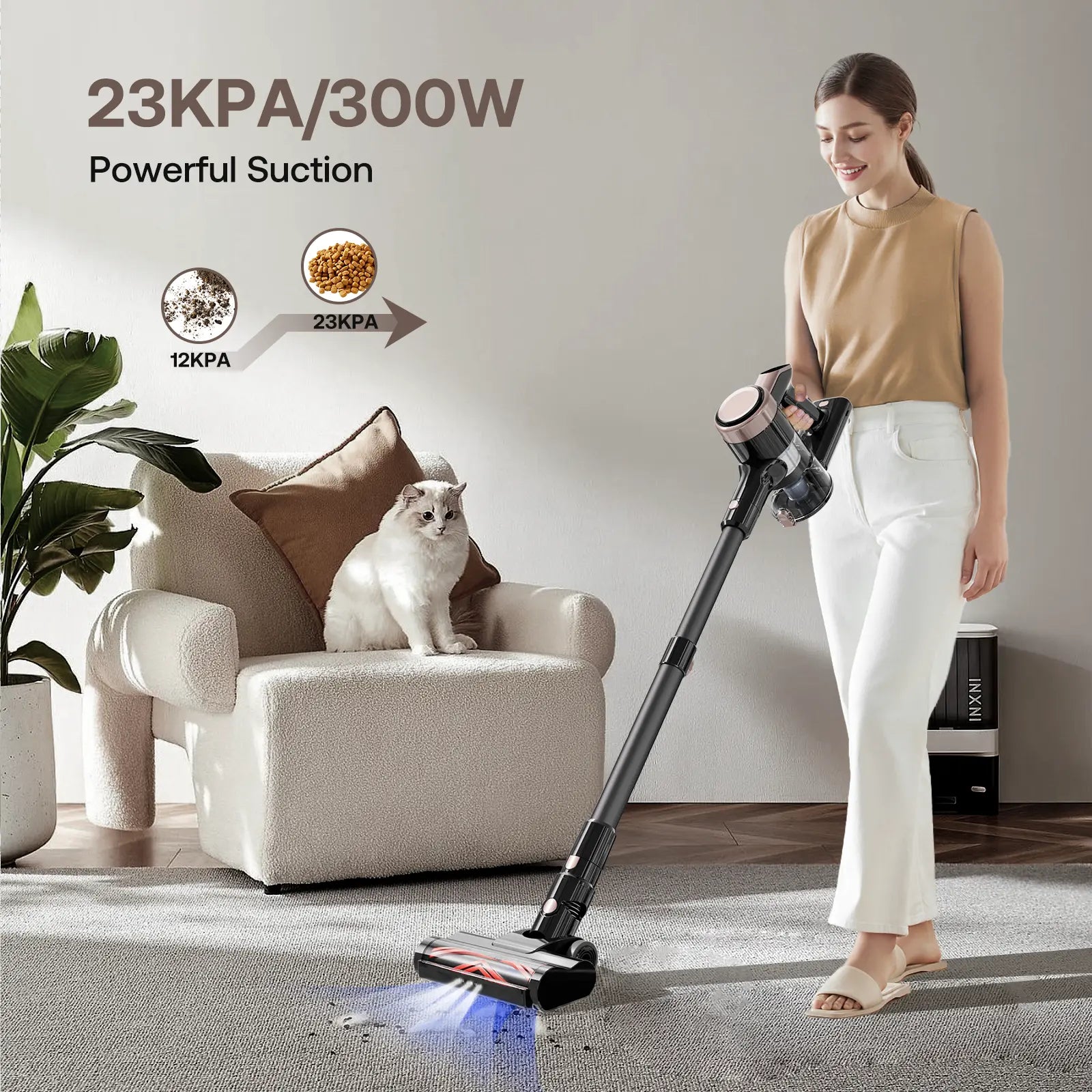 Homeika Cordless Vacuum Cleaner-H318, 300W 23Kpa Lightweight Stick Vacuum with 48Mins Runtime Battery, 3 Suction, LED Display, Powerful Vacuum Cleaner with Sofa Brush for Hard Floor/Carpet/Pet Hair/Car