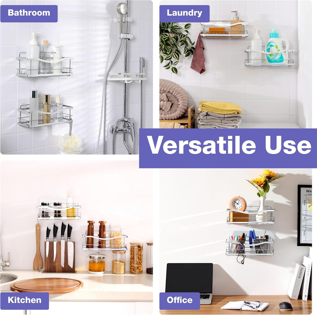 Iron Shower Caddies - Self Adhesive Bathroom Shelves for Showers - Wall Organizer Shampoo Holder Shelf - Peel and Stick on Caddy Bath Tub Rack - Pack of 2 Holders - Silver