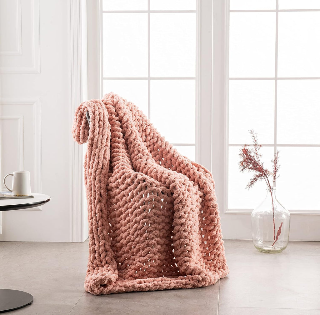 Chunky Knit Blanket Throw - 50"X60" 3.7 Lbs.- Soft Chenille Yarn Knitted Blanket -Machine Washable Crochet Blanket - Handmade Cable Knit Throw Blanket for Couch, Bed (Blush Pink)