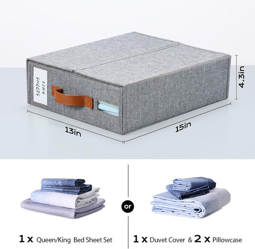 4 Pack Bed Sheet Organizer, Foldable Linen Closet Organizers and Storage (Queen & King Size) with Window & Label, Bedding Storage Box for Bedsheets, Duvet Covers and Pillow, Grey