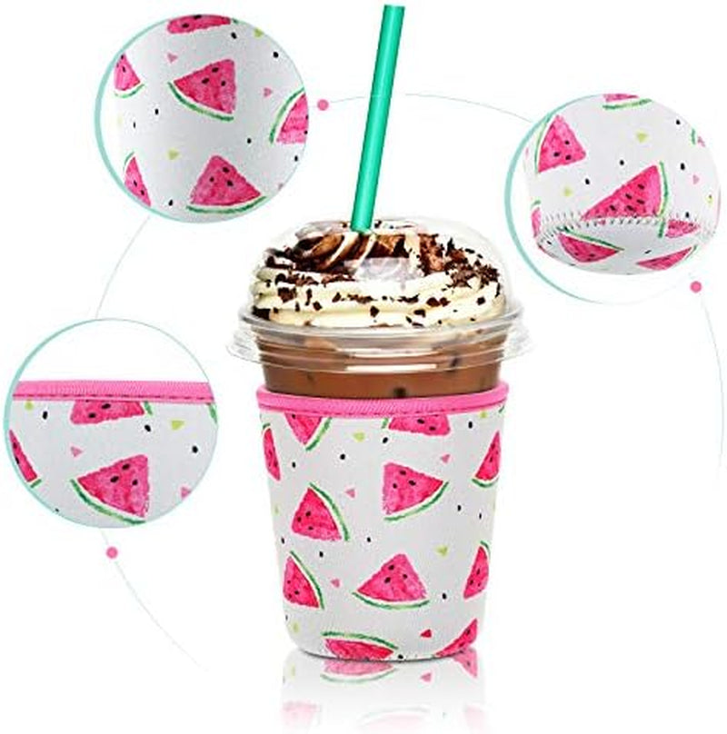 4 Pieces Reusable Iced Coffee Sleeve Cup Insulator for Cold Drinks Beverages and Holder for Most Coffee(16-20 Oz Small,Fruit Style)