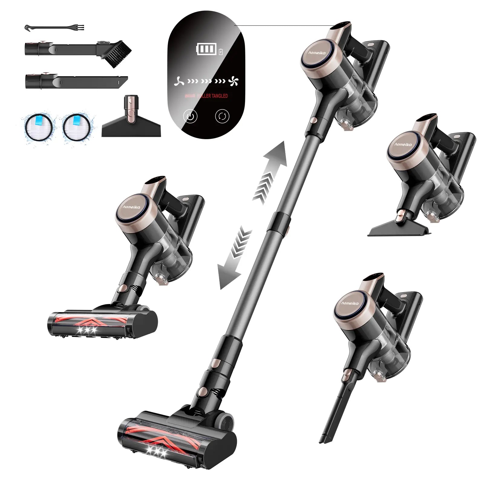 Homeika Cordless Vacuum Cleaner-H318, 300W 23Kpa Lightweight Stick Vacuum with 48Mins Runtime Battery, 3 Suction, LED Display, Powerful Vacuum Cleaner with Sofa Brush for Hard Floor/Carpet/Pet Hair/Car