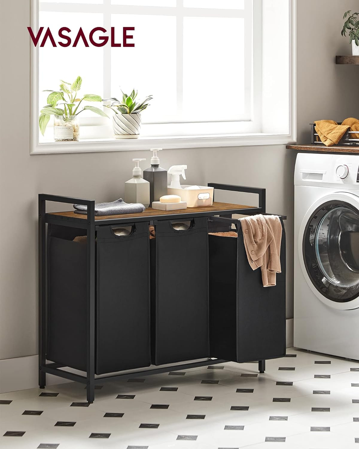 VASAGLE Laundry Hamper, Laundry Basket, Laundry Sorter with 3 Pull-Out and Removable Bags, Shelf, Metal Frame, 3 X 10.6 Gallons (40 L), 36.4 X 13 X 28.4 Inches, Ink Black and Rustic Brown UBLH301B01