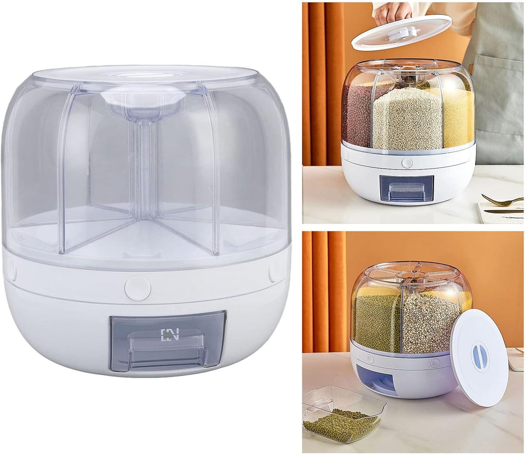 6 Grid Rice & Grain Storage Container, 360° Rotating Dry Food Dispenser Grain Food Storage Box Rice Bucket with Lid Household for Home Kitchen (5Kg)