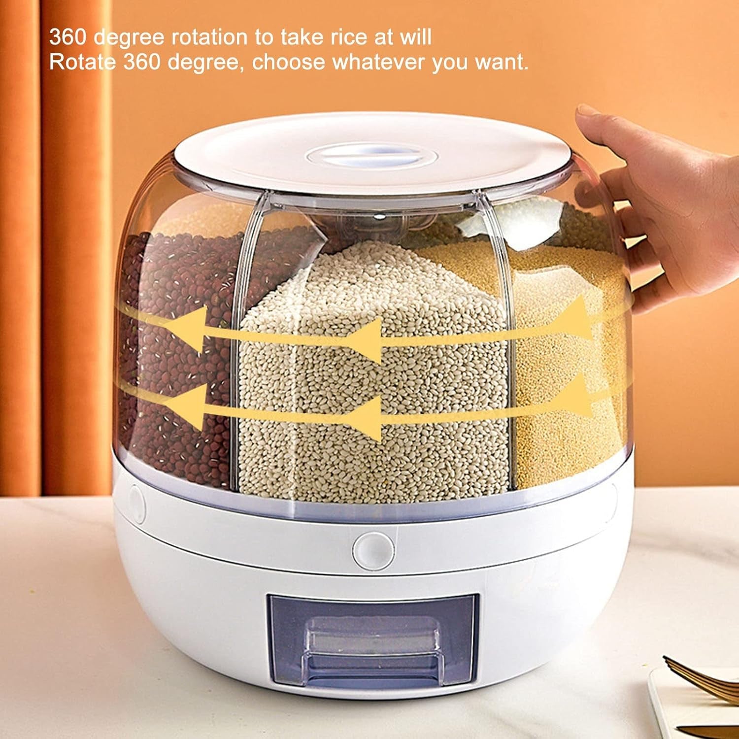 6 Grid Rice & Grain Storage Container, 360° Rotating Dry Food Dispenser Grain Food Storage Box Rice Bucket with Lid Household for Home Kitchen (5Kg)