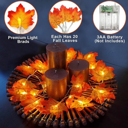 2 Pack Fall Decor Enlarged Maples Leaves Lights Total 20Ft 40LED | Fall Decorations for Home Battery Operated Autumn Garland Lights Waterproof Indoor Outdoor Halloween Thanksgiving Decorations