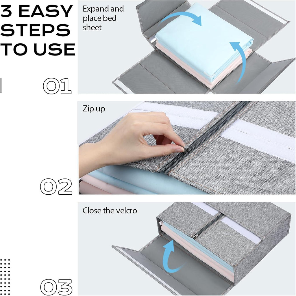4 Pack Bed Sheet Organizer, Foldable Linen Closet Organizers and Storage (Queen & King Size) with Window & Label, Bedding Storage Box for Bedsheets, Duvet Covers and Pillow, Grey