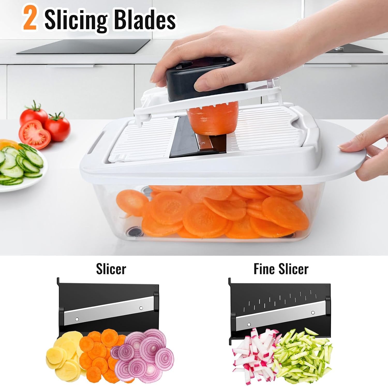8 Blade All-In-1 Vegetable Chopper Mandoline Slicer with Container, Food Chopper, Onion Chopper, Veggie Cutter for Salad, Kitchen Gadgets Accessories Essentials, White