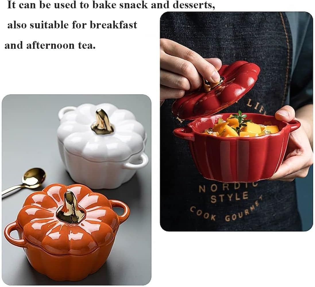Dutch Oven Pot with Lid, Pumpkin Pottery Dessert Saucepan, Mini Baking Dish Cute Pumpkins Bowl, Covered Dutch Oven Ceramic Stockpot, Pumpkin-Shaped Casserole (Orange)