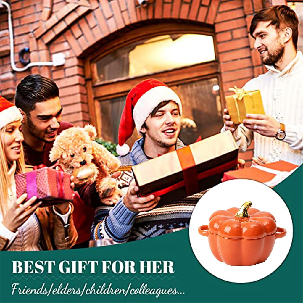 Dutch Oven Pot with Lid, Pumpkin Pottery Dessert Saucepan, Mini Baking Dish Cute Pumpkins Bowl, Covered Dutch Oven Ceramic Stockpot, Pumpkin-Shaped Casserole (Orange)