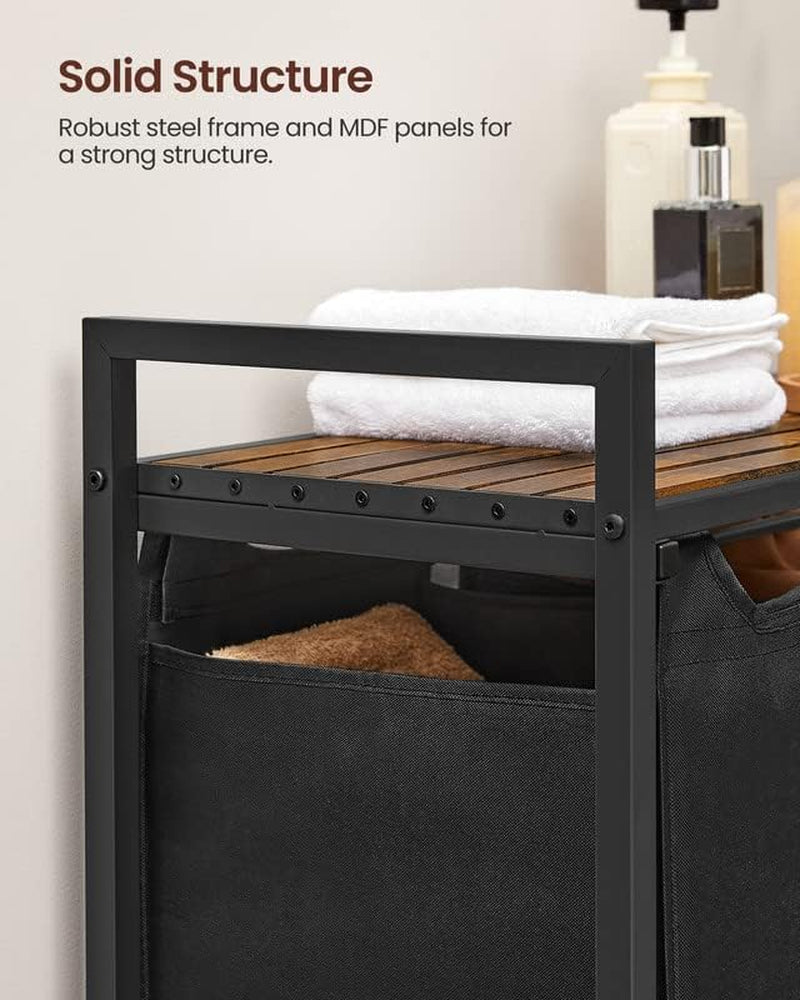 VASAGLE Laundry Hamper, Laundry Basket, Laundry Sorter with 3 Pull-Out and Removable Bags, Shelf, Metal Frame, 3 X 10.6 Gallons (40 L), 36.4 X 13 X 28.4 Inches, Ink Black and Rustic Brown UBLH301B01