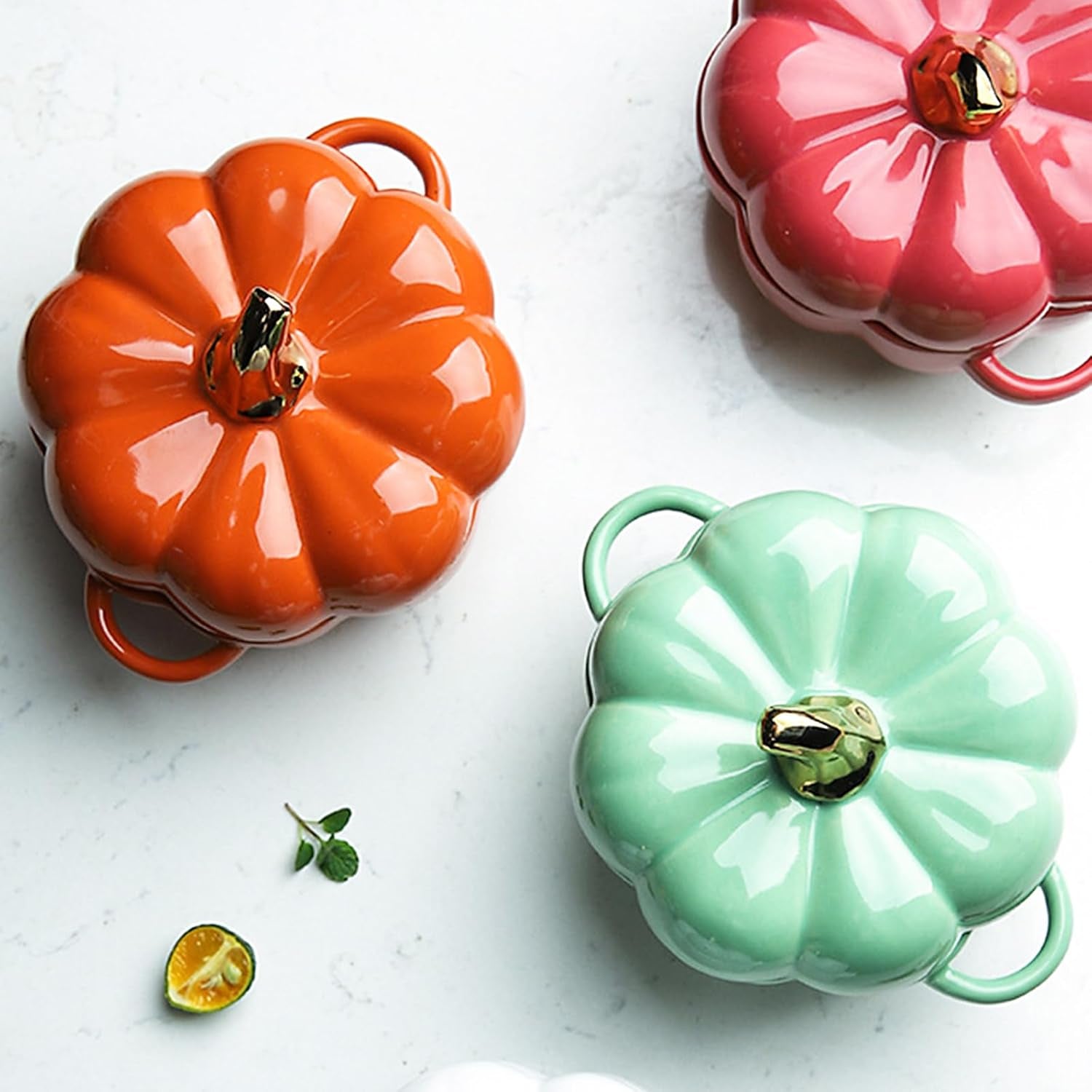 Dutch Oven Pot with Lid, Pumpkin Pottery Dessert Saucepan, Mini Baking Dish Cute Pumpkins Bowl, Covered Dutch Oven Ceramic Stockpot, Pumpkin-Shaped Casserole (Orange)