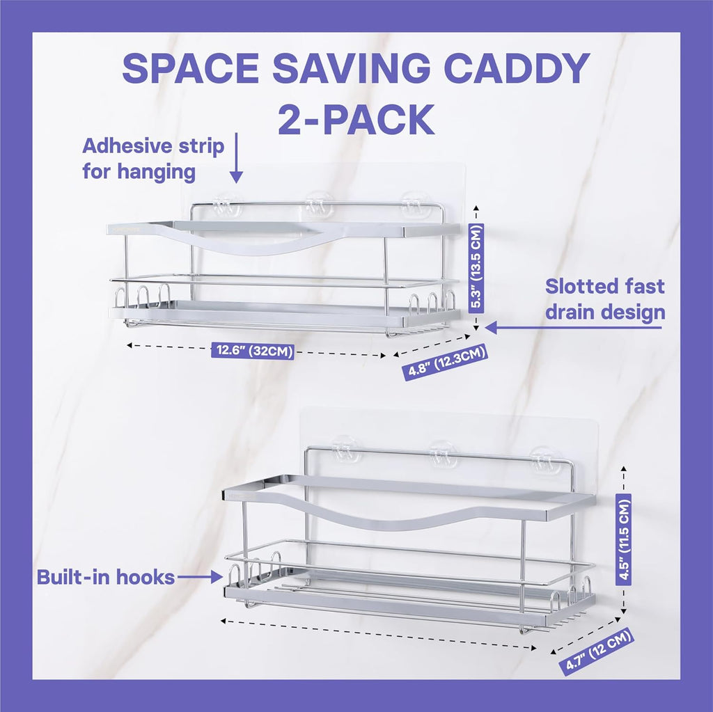 Iron Shower Caddies - Self Adhesive Bathroom Shelves for Showers - Wall Organizer Shampoo Holder Shelf - Peel and Stick on Caddy Bath Tub Rack - Pack of 2 Holders - Silver
