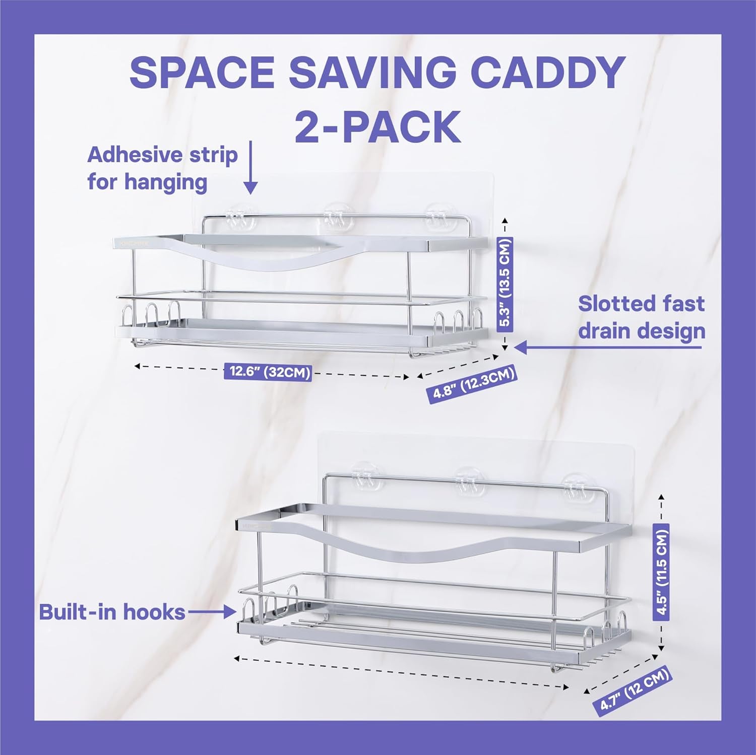 Iron Shower Caddies - Self Adhesive Bathroom Shelves for Showers - Wall Organizer Shampoo Holder Shelf - Peel and Stick on Caddy Bath Tub Rack - Pack of 2 Holders - Silver