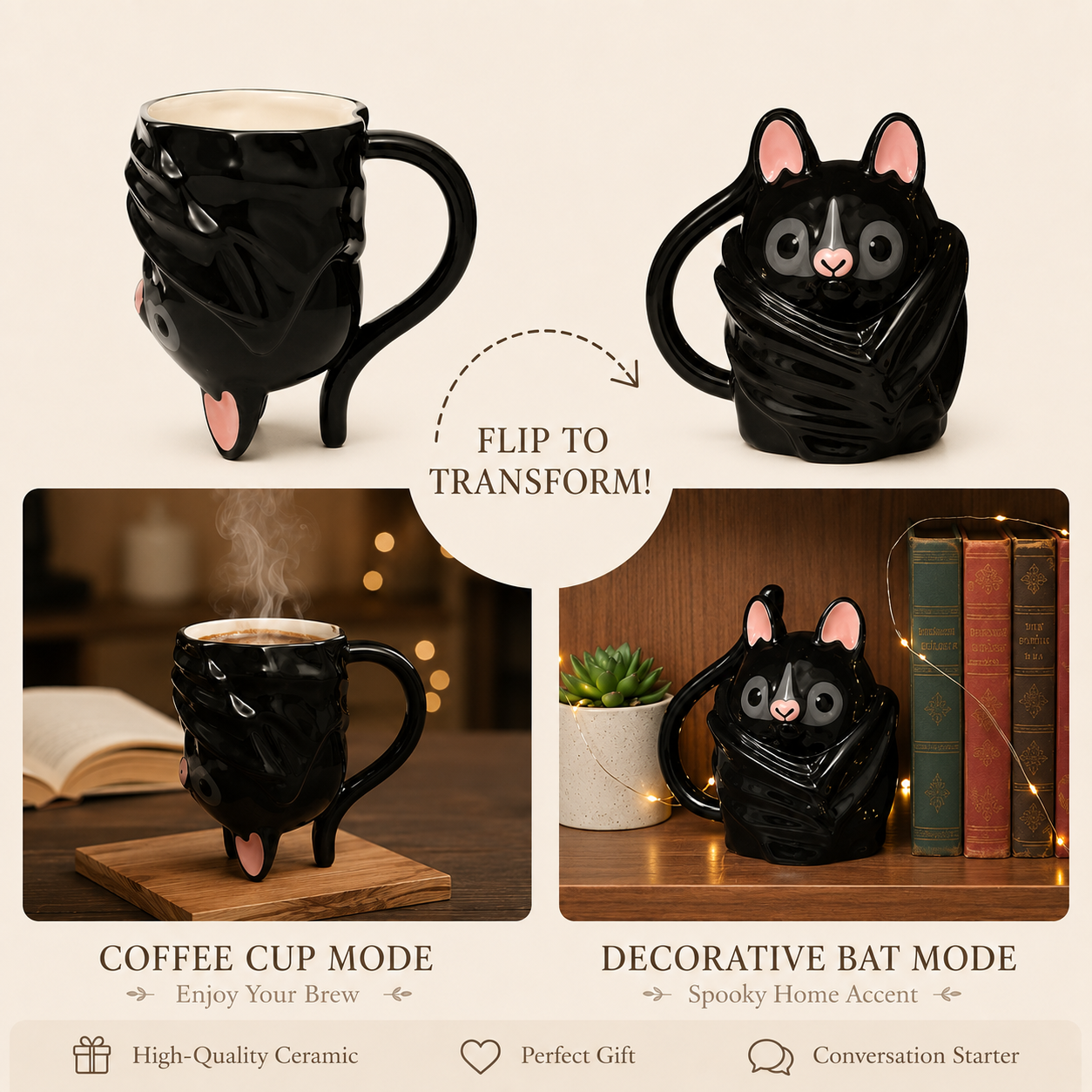 Upside Down Bat Mug – Handmade 3D Ceramic Coffee & Tea Cup | Cute Gothic Halloween Mug