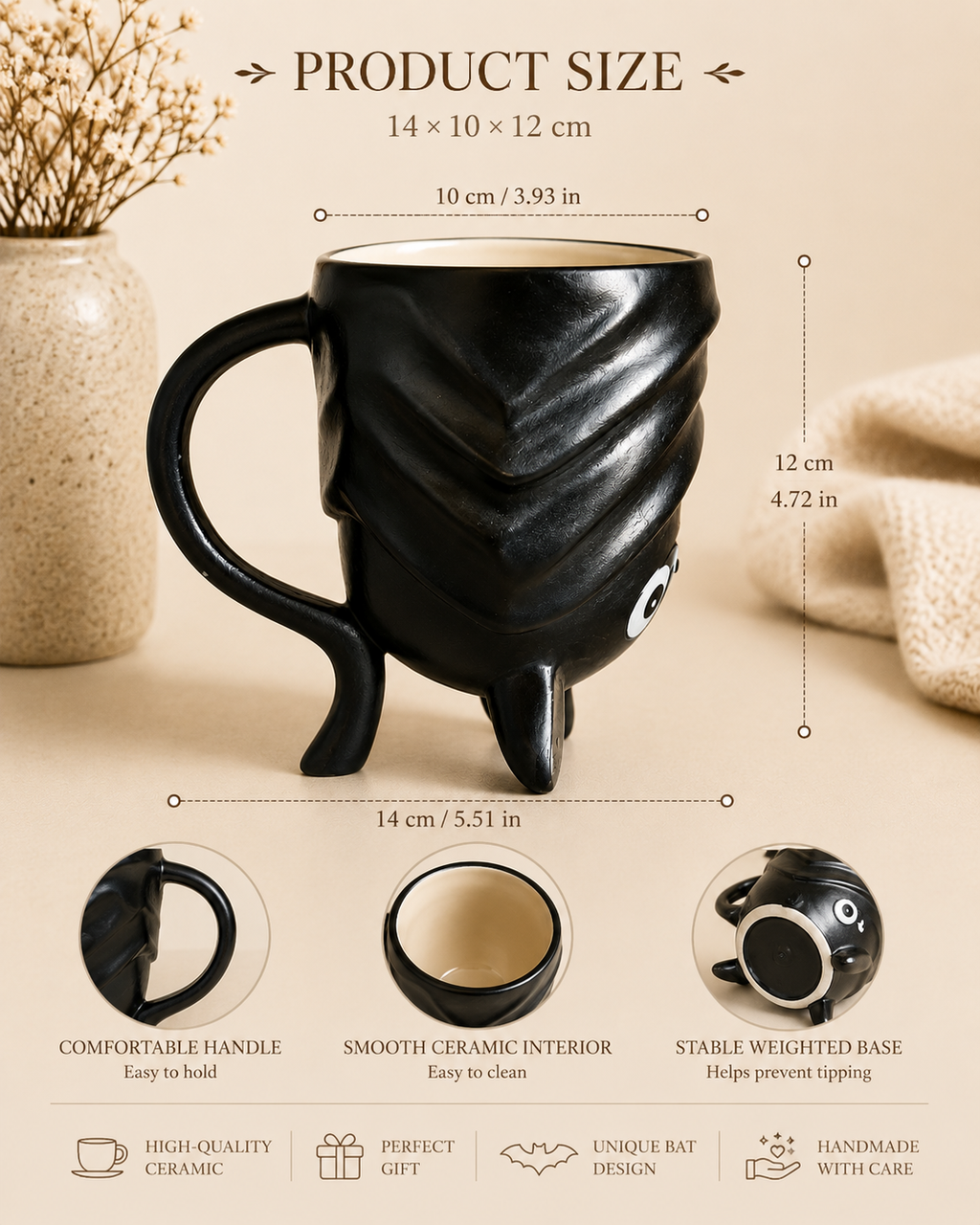 Upside Down Bat Mug – Handmade 3D Ceramic Coffee & Tea Cup | Cute Gothic Halloween Mug