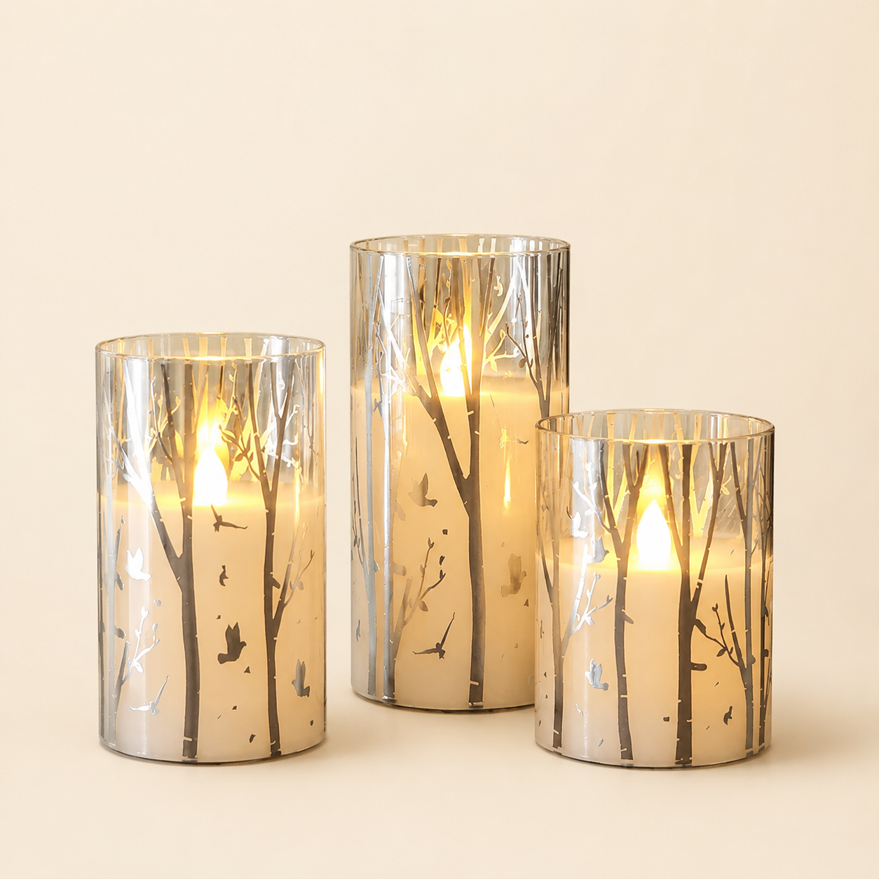 Set of 3 Silver Birch Glass Flameless LED Candle Set