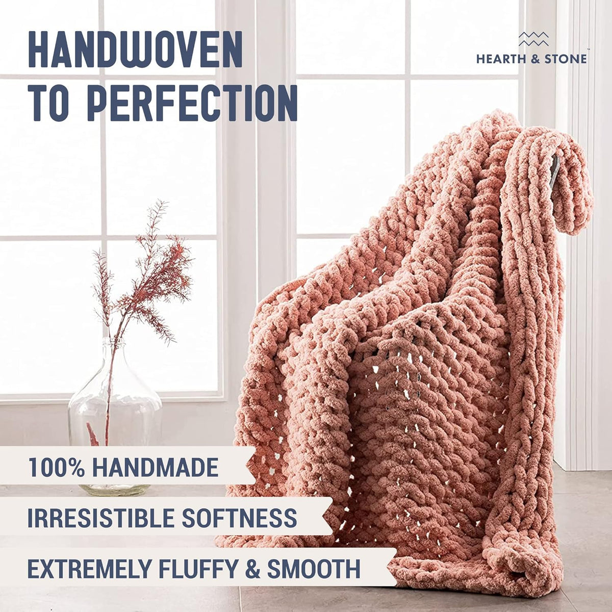 Chunky Knit Blanket Throw - 50"X60" 3.7 Lbs.- Soft Chenille Yarn Knitted Blanket -Machine Washable Crochet Blanket - Handmade Cable Knit Throw Blanket for Couch, Bed (Blush Pink)