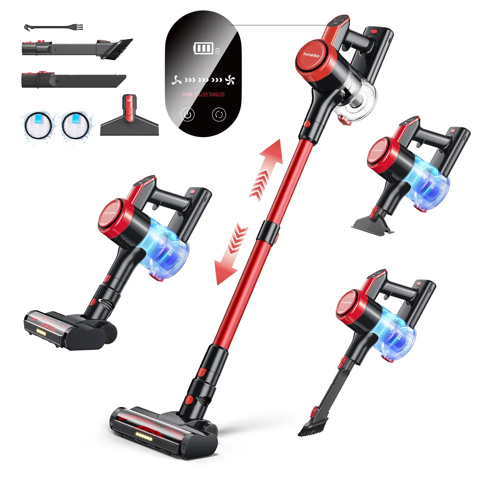 Homeika Cordless Vacuum Cleaner-H318, 300W 23Kpa Lightweight Stick Vacuum with 48Mins Runtime Battery, 3 Suction, LED Display, Powerful Vacuum Cleaner with Sofa Brush for Hard Floor/Carpet/Pet Hair/Car