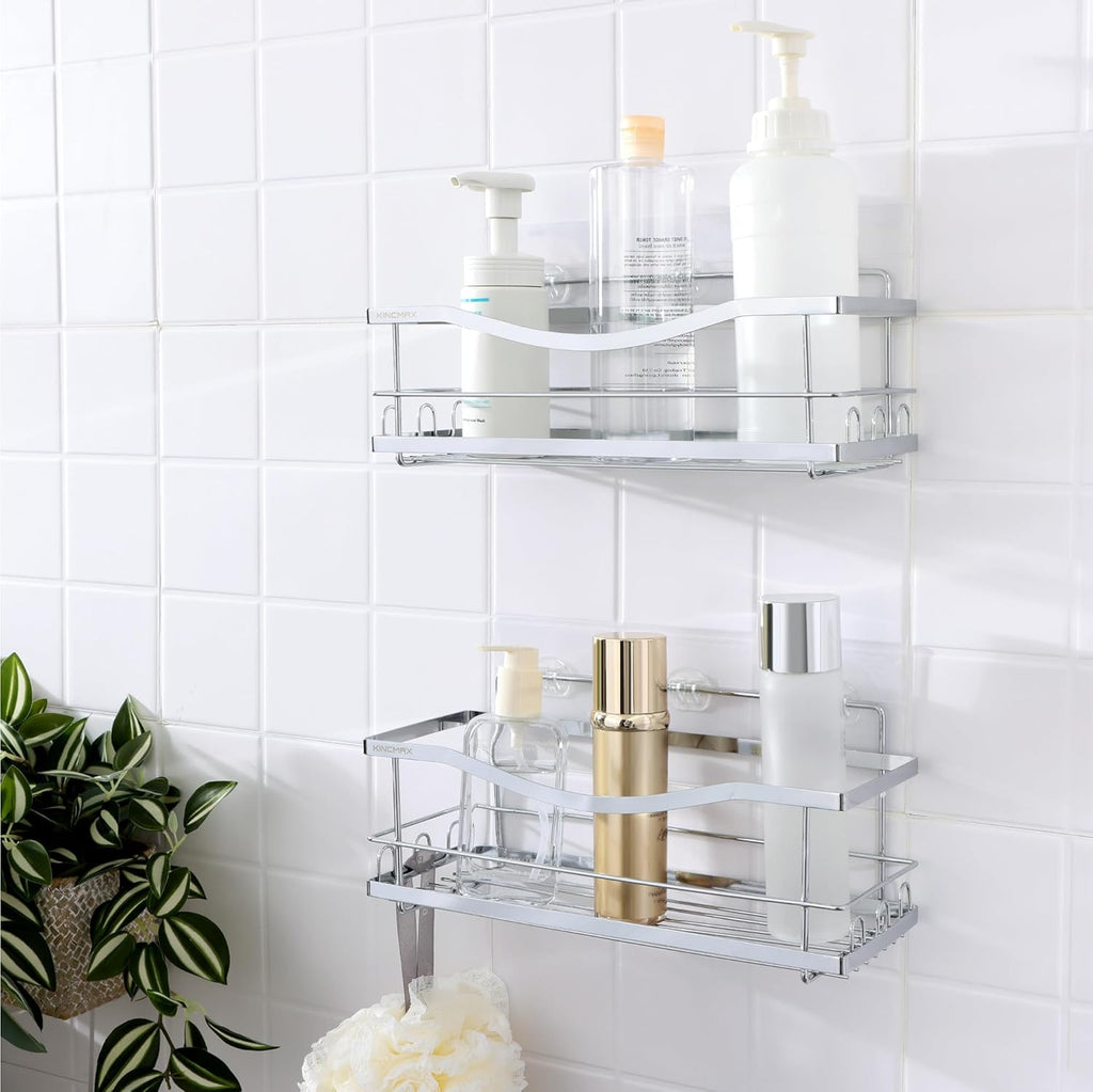 Iron Shower Caddies - Self Adhesive Bathroom Shelves for Showers - Wall Organizer Shampoo Holder Shelf - Peel and Stick on Caddy Bath Tub Rack - Pack of 2 Holders - Silver
