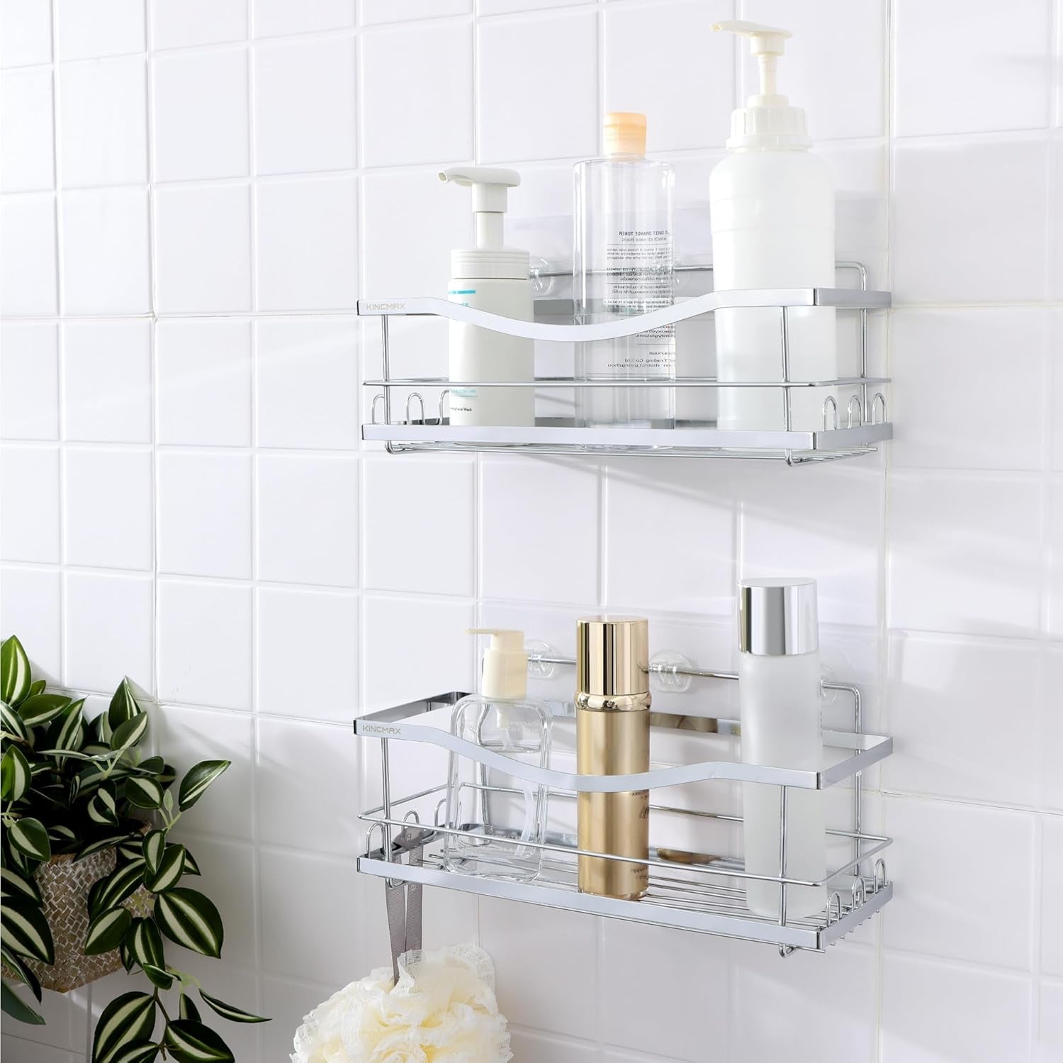 Iron Shower Caddies - Self Adhesive Bathroom Shelves for Showers - Wall Organizer Shampoo Holder Shelf - Peel and Stick on Caddy Bath Tub Rack - Pack of 2 Holders - Silver