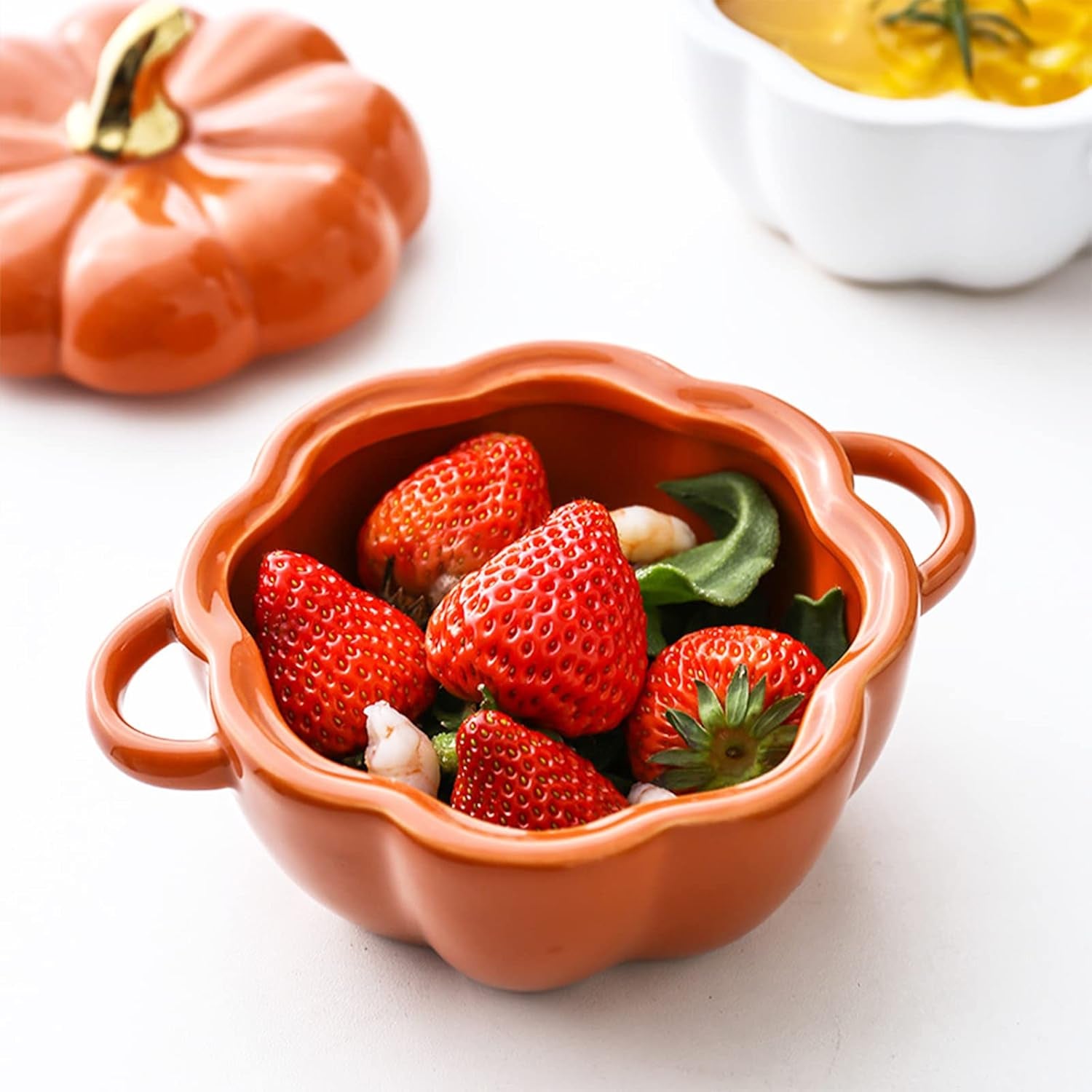 Dutch Oven Pot with Lid, Pumpkin Pottery Dessert Saucepan, Mini Baking Dish Cute Pumpkins Bowl, Covered Dutch Oven Ceramic Stockpot, Pumpkin-Shaped Casserole (Orange)