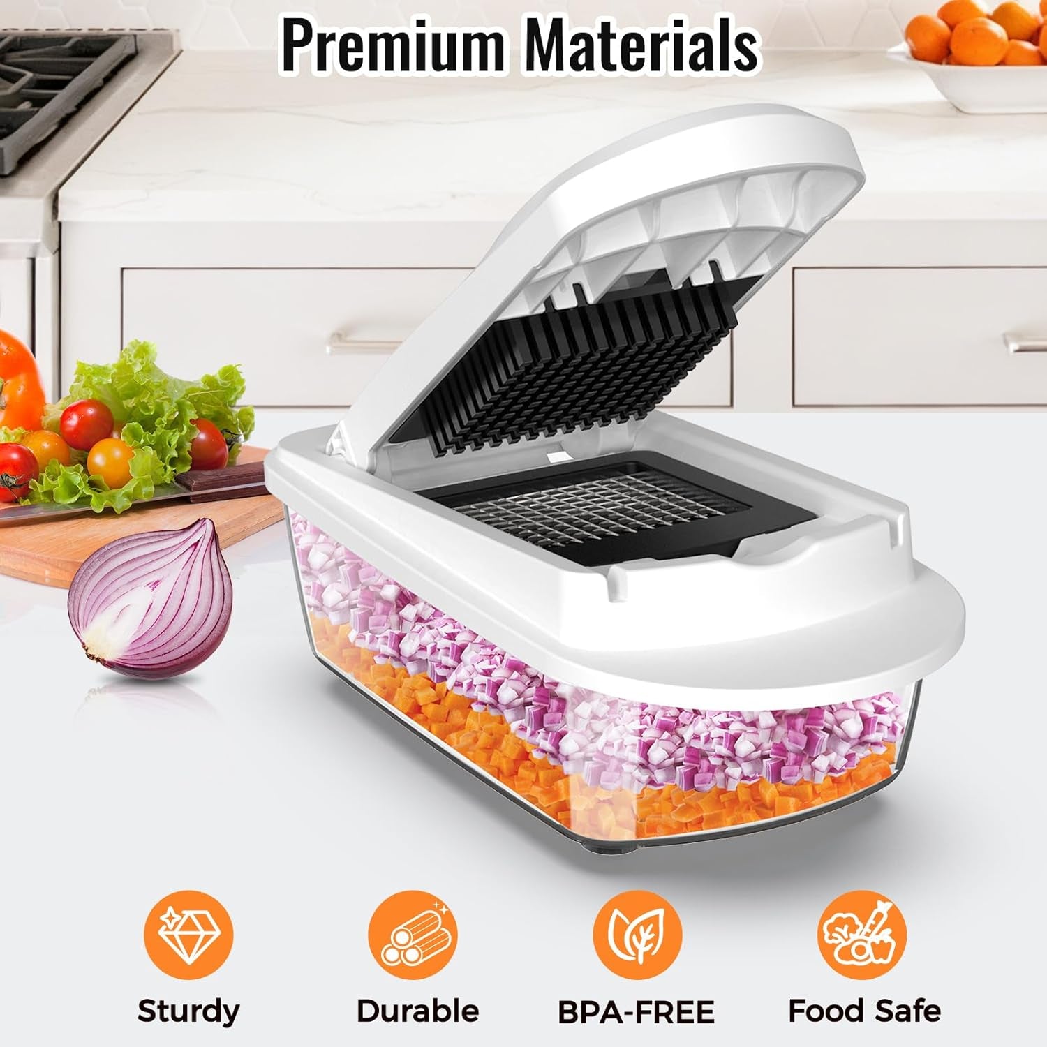8 Blade All-In-1 Vegetable Chopper Mandoline Slicer with Container, Food Chopper, Onion Chopper, Veggie Cutter for Salad, Kitchen Gadgets Accessories Essentials, White
