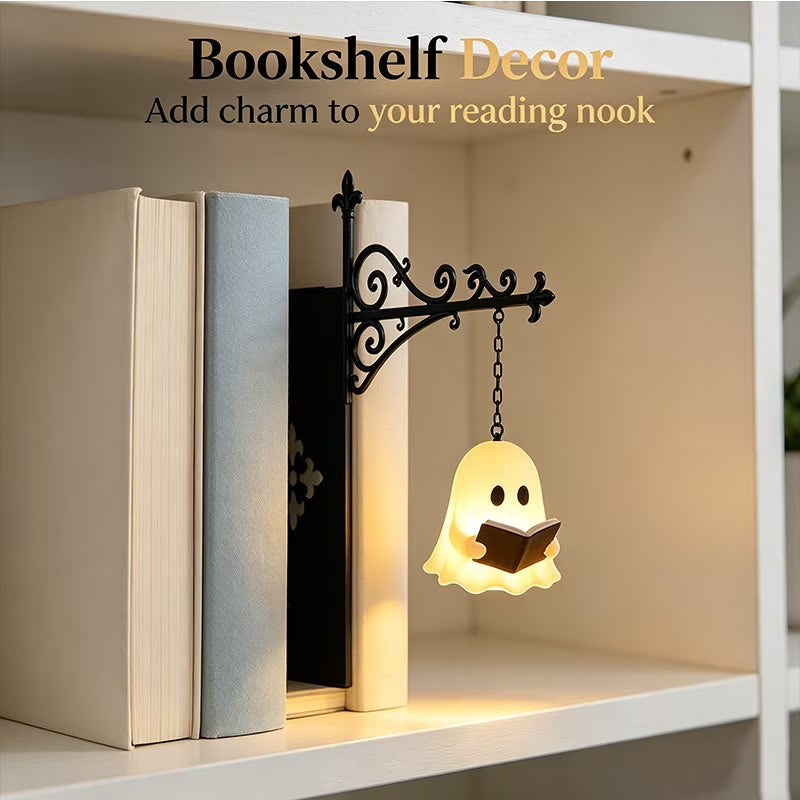 Library Lantern-Decorative Bookshelf Lighting, Vintage Fantasy Book Nook Lamp, Magic Reading Light for Bookworms with Ghost Charm, Portable Shelf Decor, 9.8*9.3 In