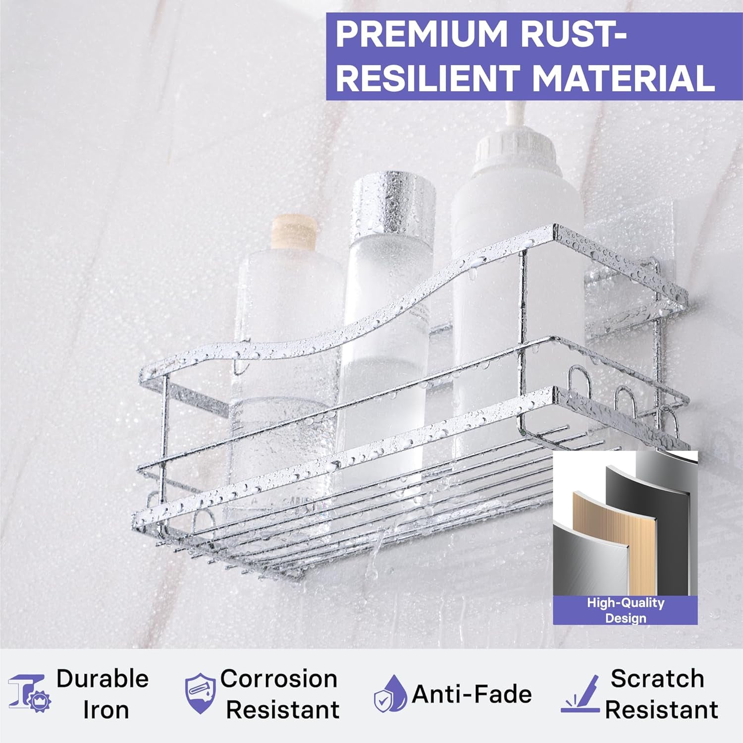 Iron Shower Caddies - Self Adhesive Bathroom Shelves for Showers - Wall Organizer Shampoo Holder Shelf - Peel and Stick on Caddy Bath Tub Rack - Pack of 2 Holders - Silver