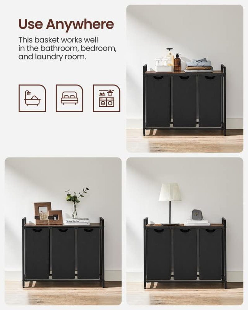 VASAGLE Laundry Hamper, Laundry Basket, Laundry Sorter with 3 Pull-Out and Removable Bags, Shelf, Metal Frame, 3 X 10.6 Gallons (40 L), 36.4 X 13 X 28.4 Inches, Ink Black and Rustic Brown UBLH301B01