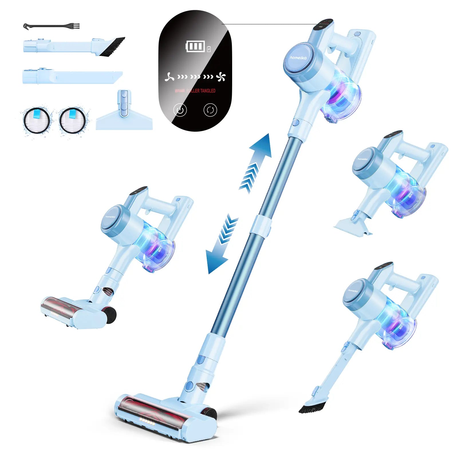 Homeika Cordless Vacuum Cleaner-H318, 300W 23Kpa Lightweight Stick Vacuum with 48Mins Runtime Battery, 3 Suction, LED Display, Powerful Vacuum Cleaner with Sofa Brush for Hard Floor/Carpet/Pet Hair/Car