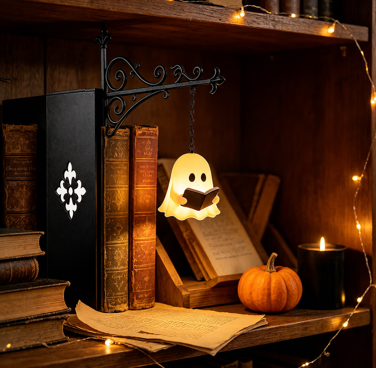 Vintage Library Ghost Lantern Bookshelf Lamp | Cozy Book Nook Reading Light | Gothic & Cottagecore Shelf Decor