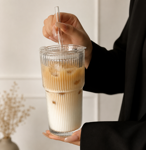 20 oz Ribbed Glass Iced Coffee Cup with Glass Lid & Glass Straw