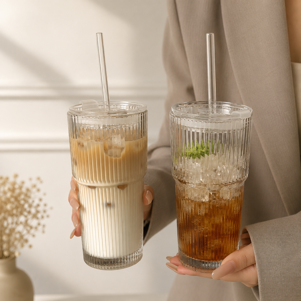 20 oz Ribbed Glass Iced Coffee Cup with Glass Lid & Glass Straw