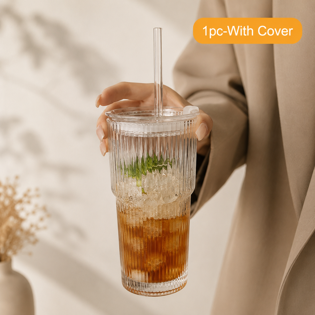 20 oz Ribbed Glass Iced Coffee Cup with Glass Lid & Glass Straw